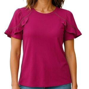 APT.9 Blouse Scoop neck Pull over Flutter neckline Magenta pink Size Medium